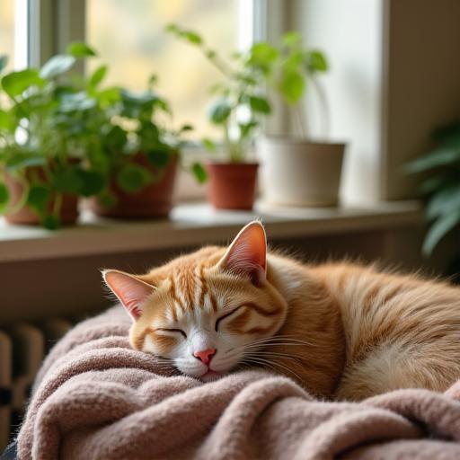 猫が安全な吊り下げ植物の近くで眠っている