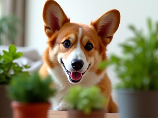 新しい観葉植物に興味津々のコーギー犬
