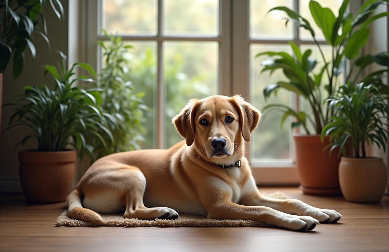 犬が安全な観葉植物の隣でくつろいでいる様子