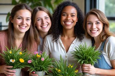 完成したペットセーフな寄せ植えと参加者の笑顔